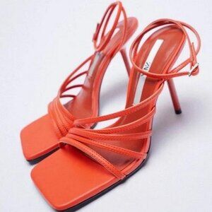 Zara Orange Red Strappy Heels with Square Toe, 8